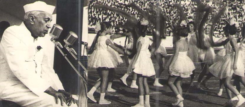  The historic moment captured by Govindlal Vora of former Prime Minister Jawaharlal Nehru delivering the speech as well as school girls performing the dance on the inauguration ceremony of Bhilai Steel Plant. 